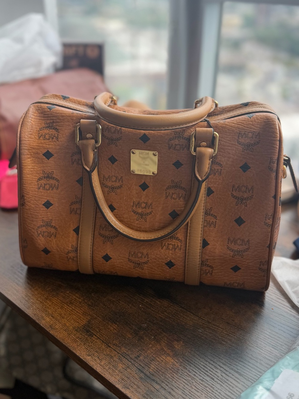 MCM Cognac Visetos Boston Satchel Bag | Vintage Monogram | Gold Hardware